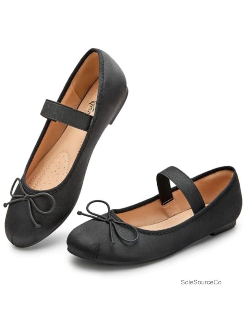 Silk Ballet Flats Round Toe Mary Jane with Elastic Strap & Bowknot